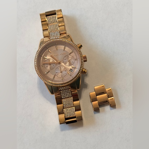 Michael Kors Ritz Pave Rose Gold-Tone Chronograph Watch - Picture 7 of 14